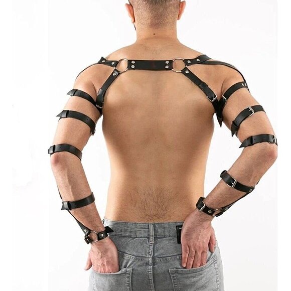Black Leather Top Shoulder Arm Harness Band Belt Motorcycle Biker Gladiator NWT - Picture 3 of 6